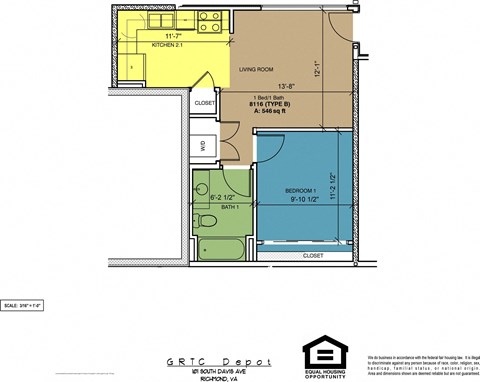 Floor plan for 1 bed, 1 bath, 546 sqft