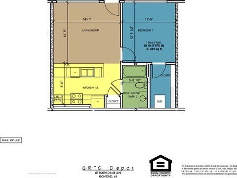 Floor plan for 1 bed, 1 bath, 591 sqft