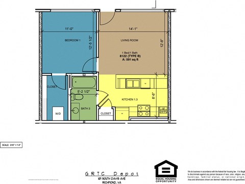 Floor plan for 1 bed, 1 bath, 591 sqft