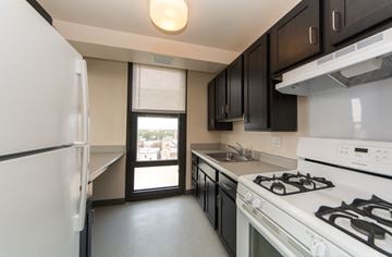 Chicago apartment for rent - a kitchen with white appliances and black cabinets and a door to a balcony