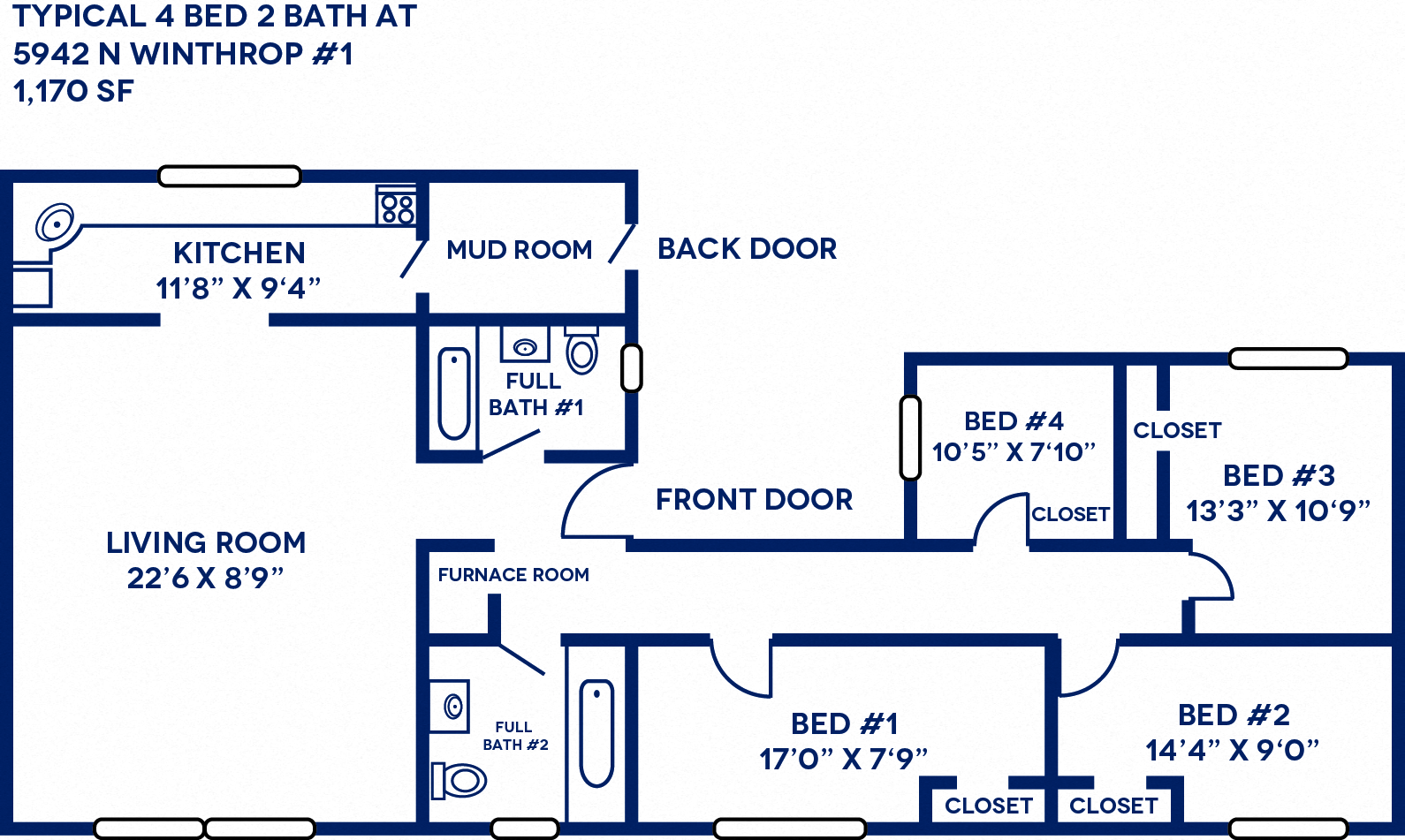 Floor plan for 4 beds, 2 baths, 1510 sqft