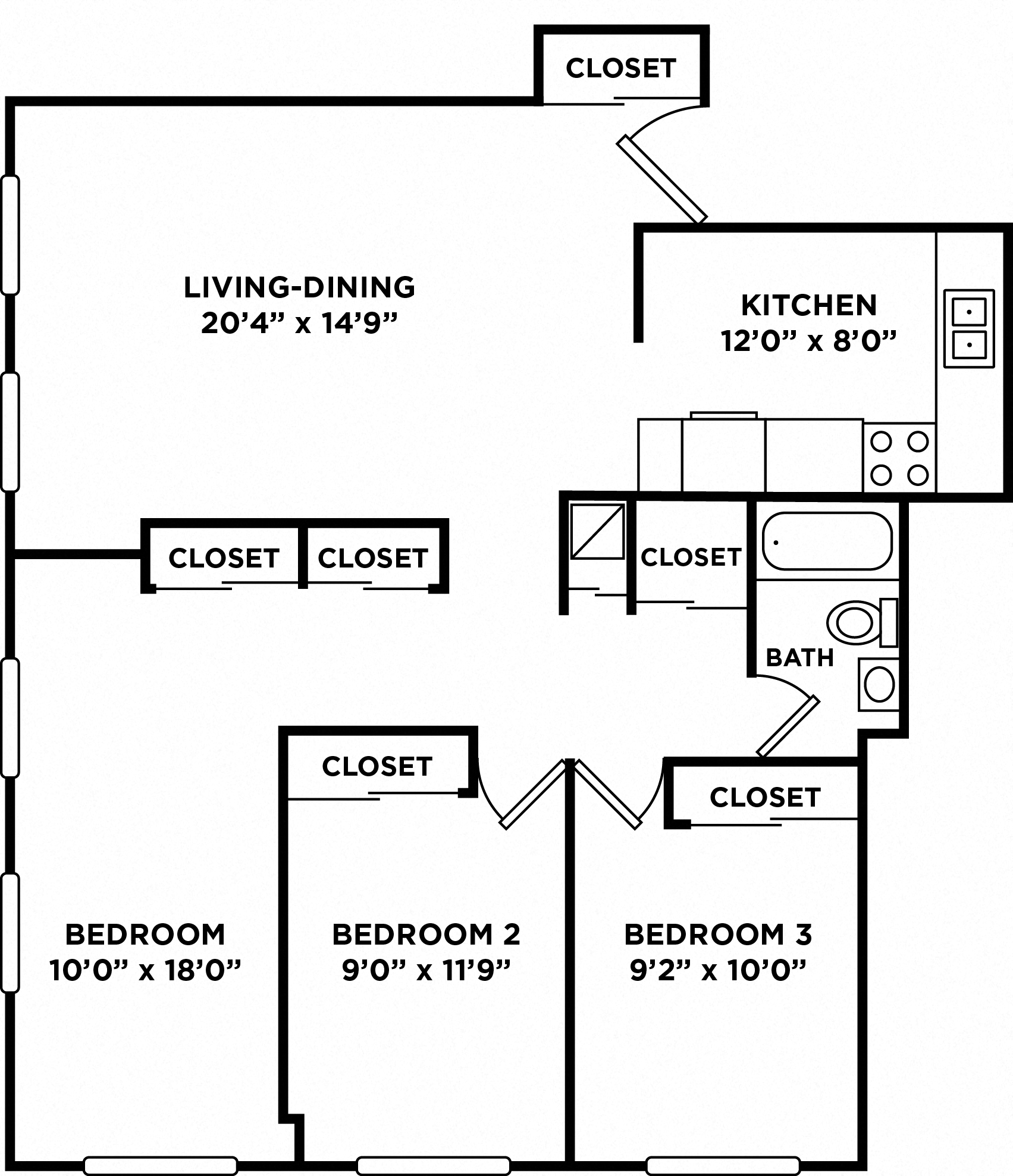 Floor plan for 3 beds, 1 bath