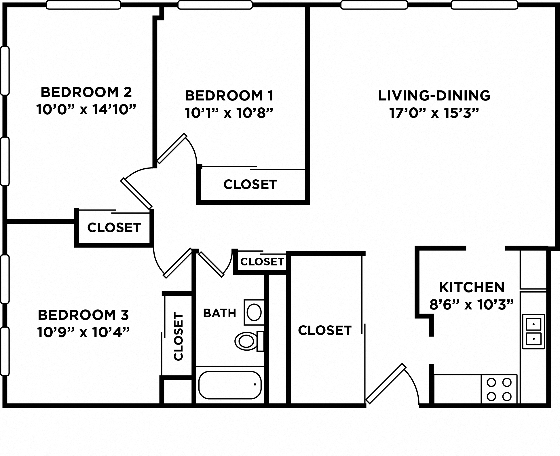 Floor plan for 3 beds, 1 bath