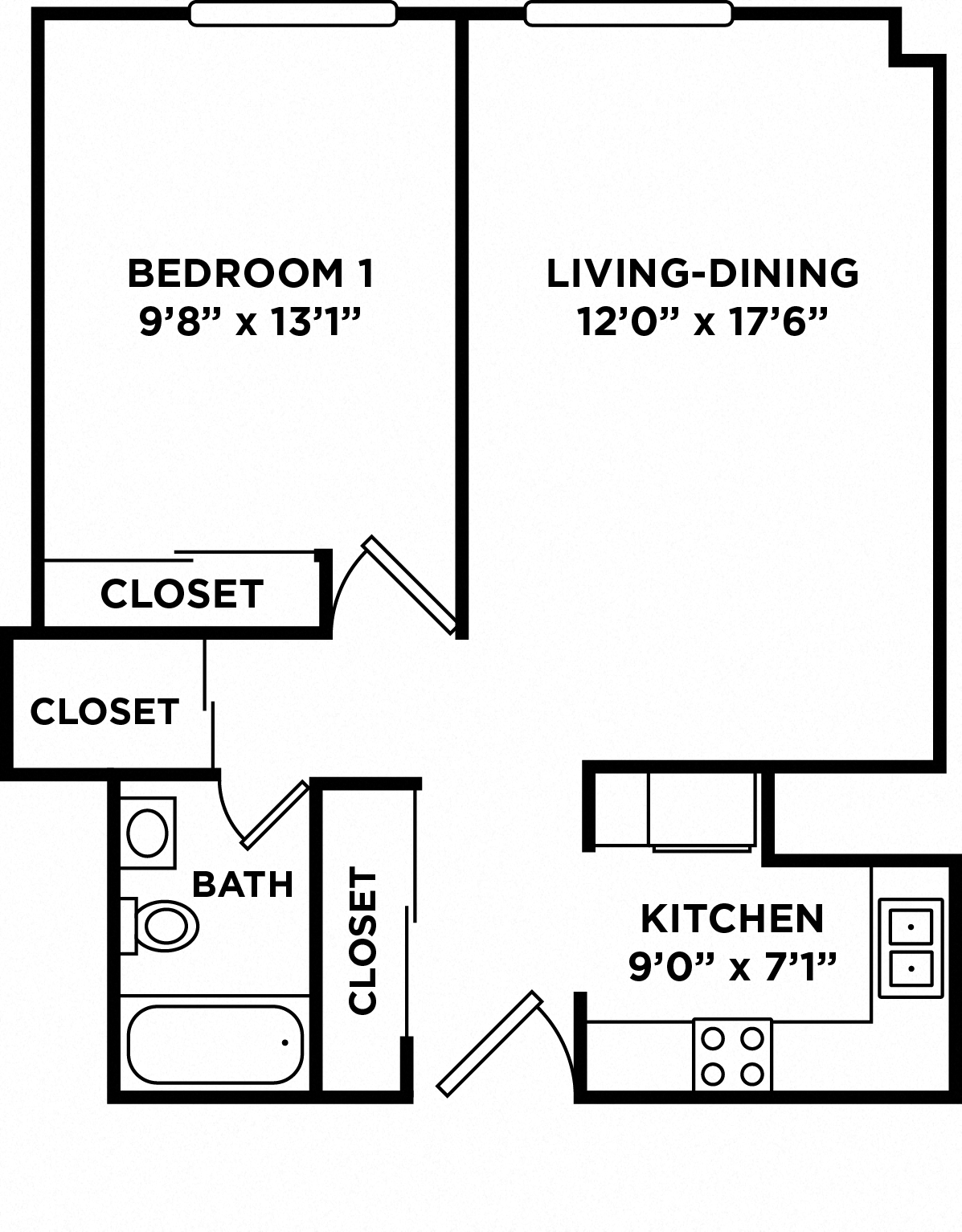 Floor plan for 1 bed, 1 bath