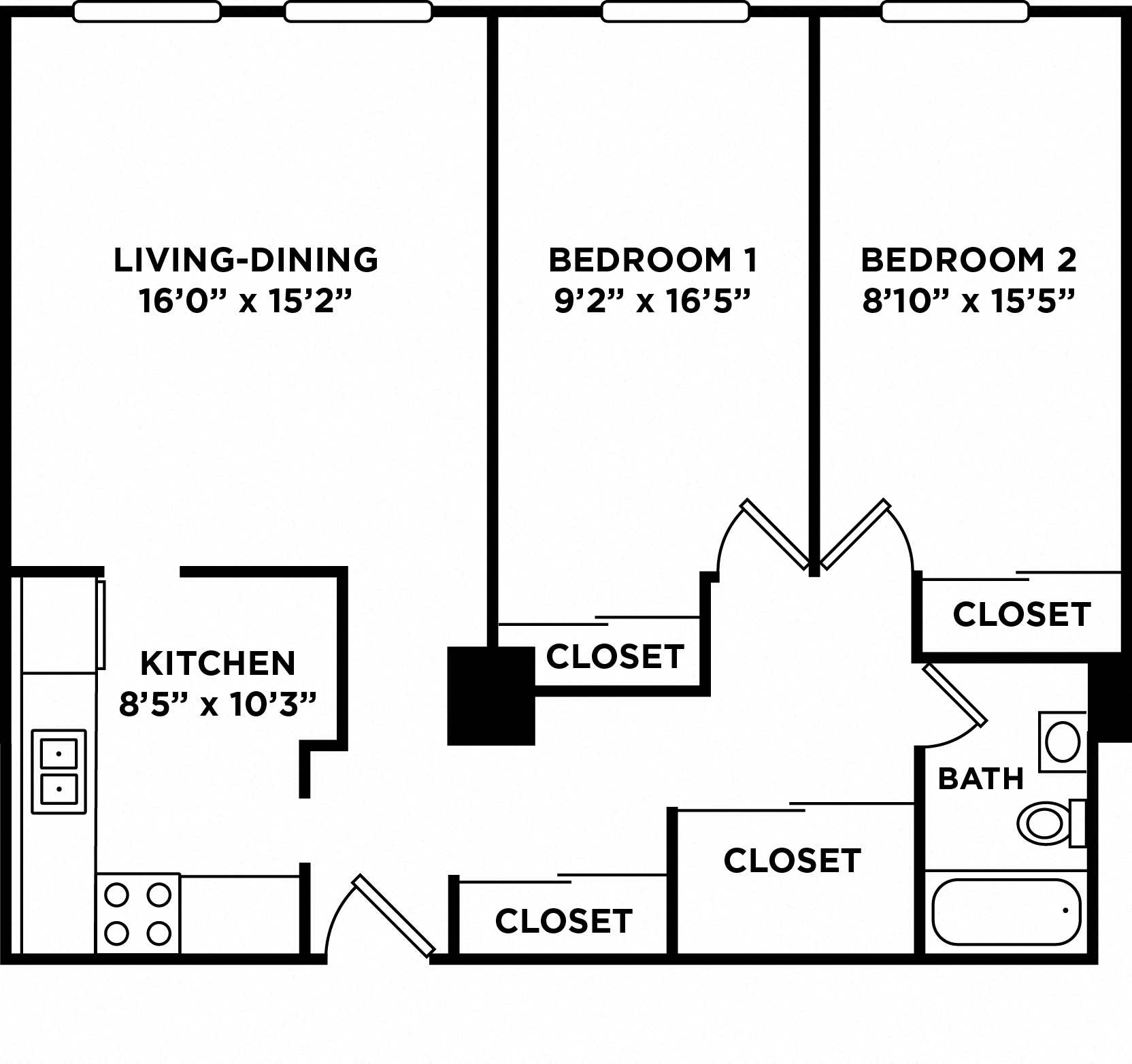 Floor plan for 2 beds, 1 bath