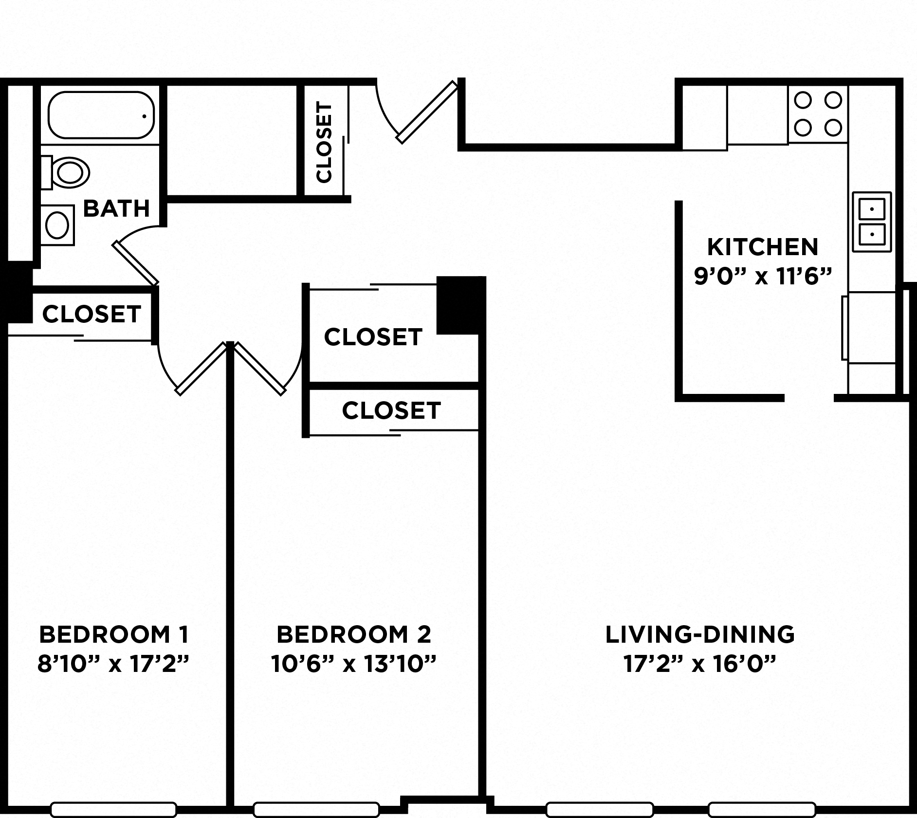 Floor plan for 2 beds, 1 bath