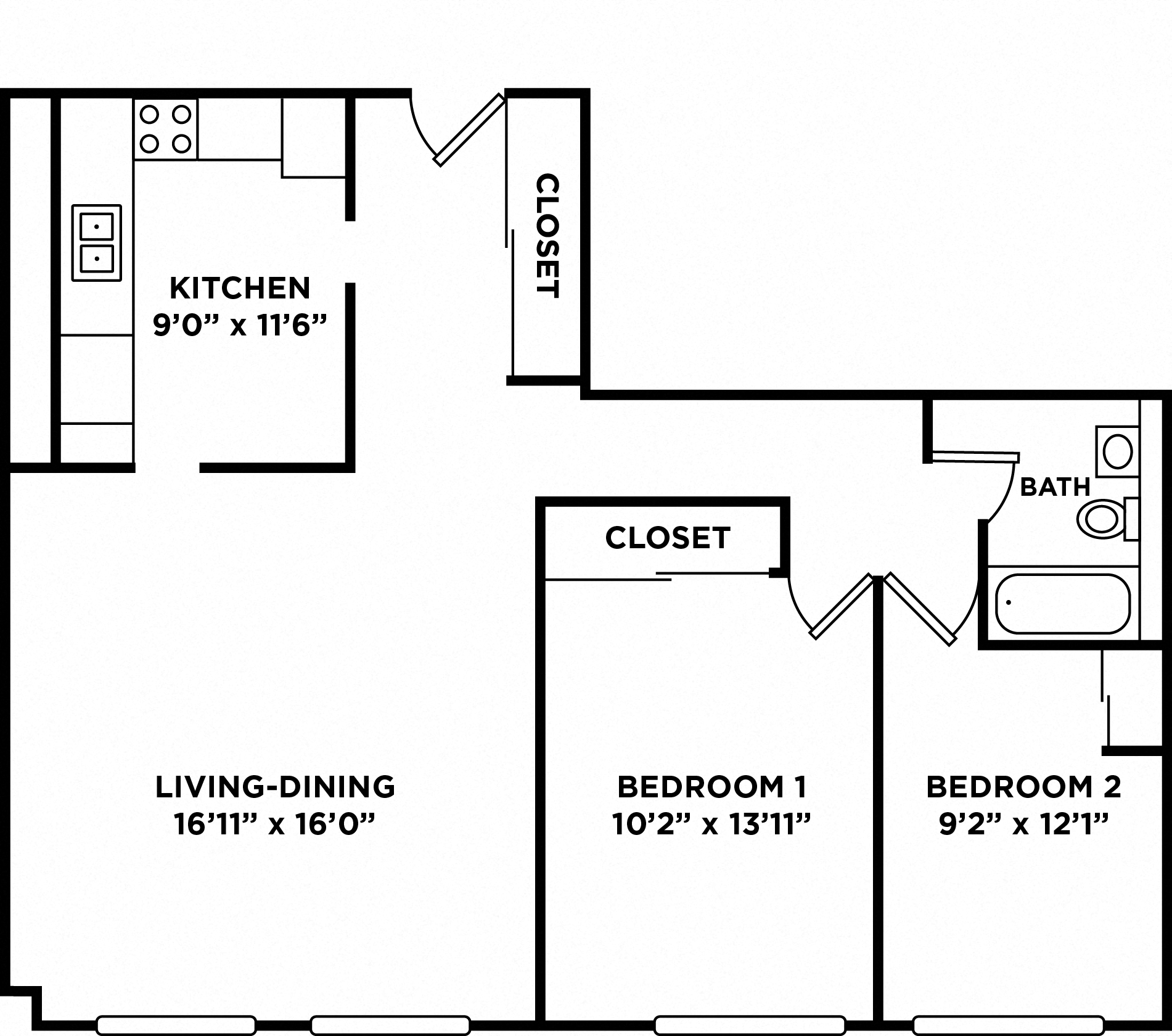 Floor plan for 2 beds, 1 bath