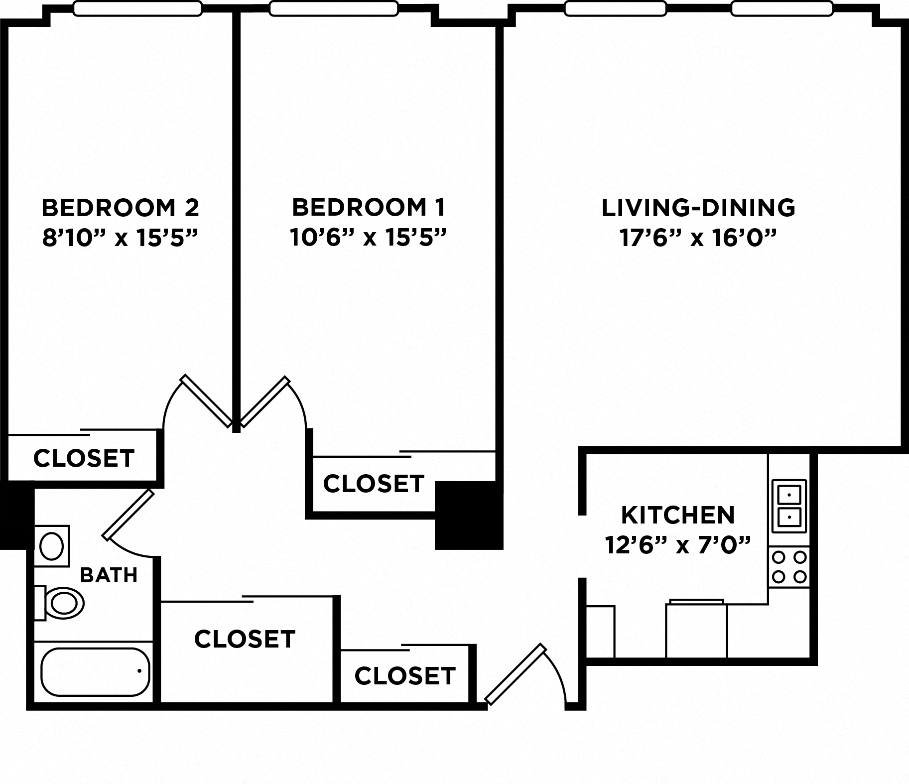 Floor plan for 2 beds, 1 bath