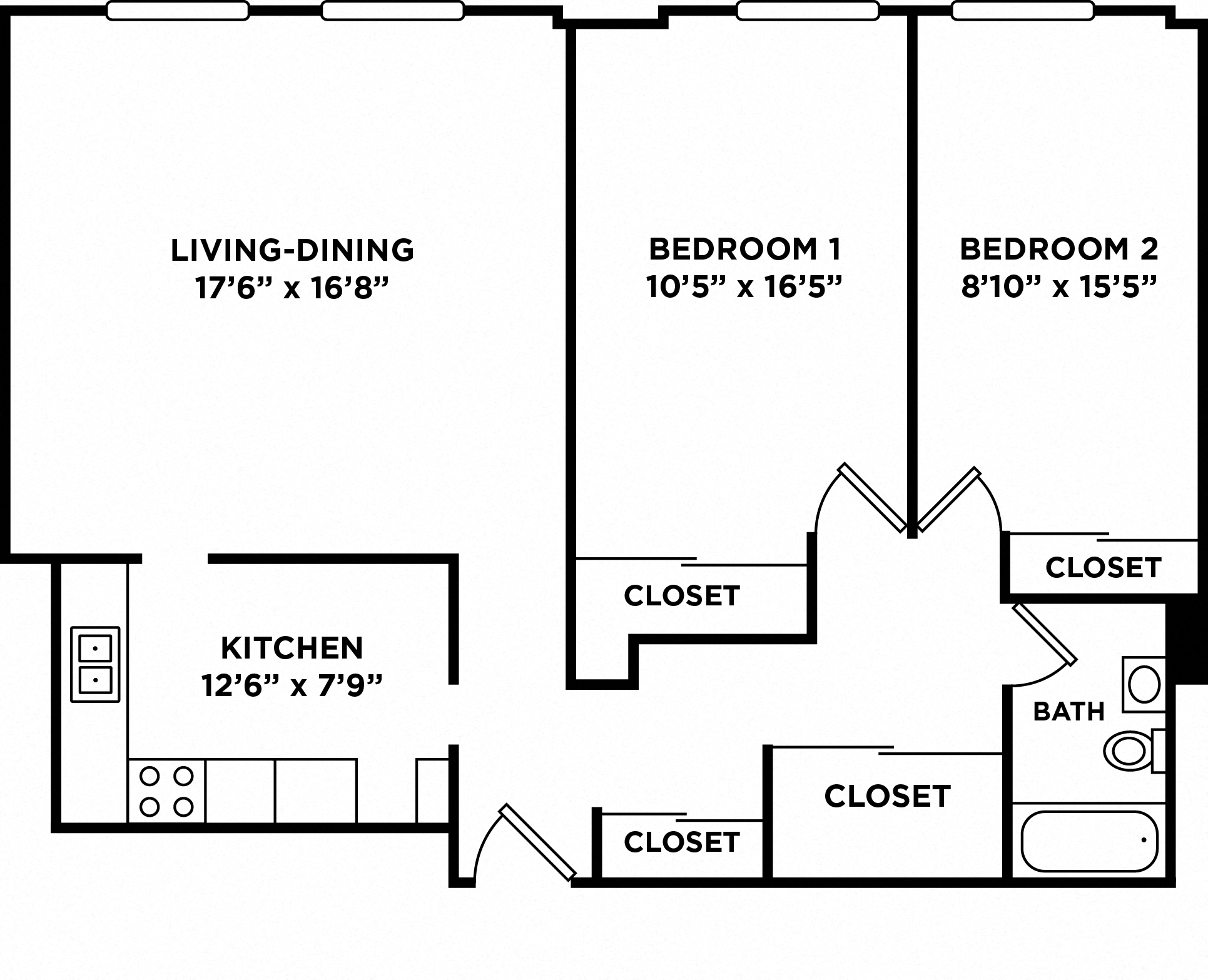Floor plan for 2 beds, 1 bath