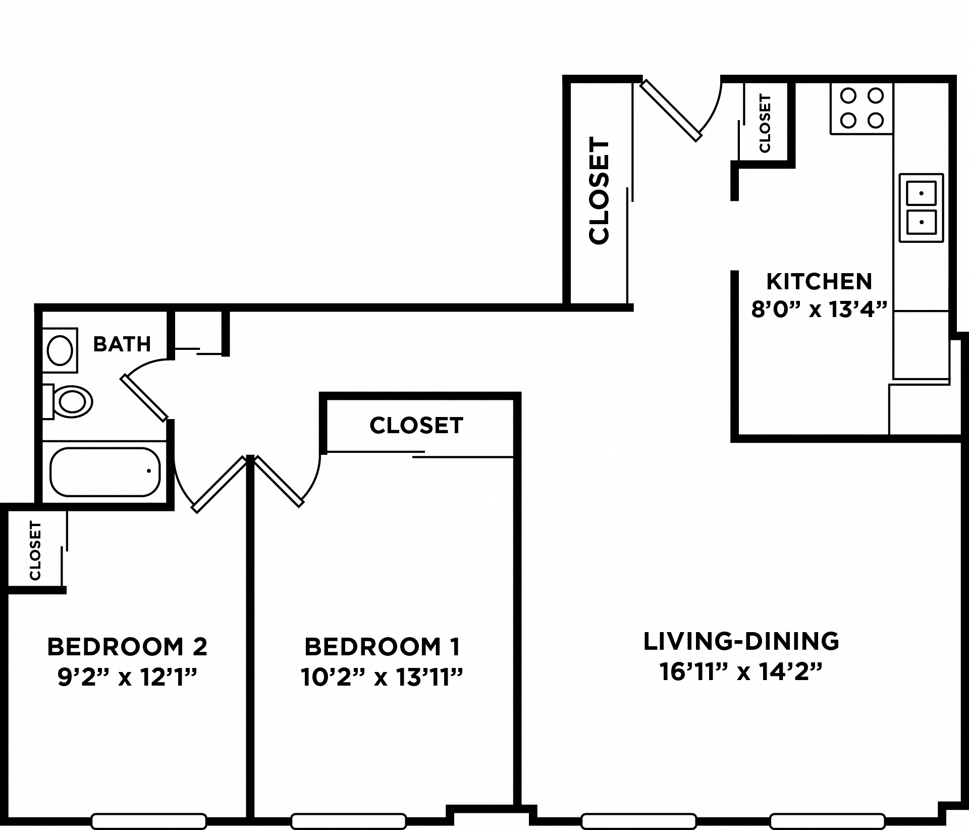Floor plan for 2 beds, 1 bath