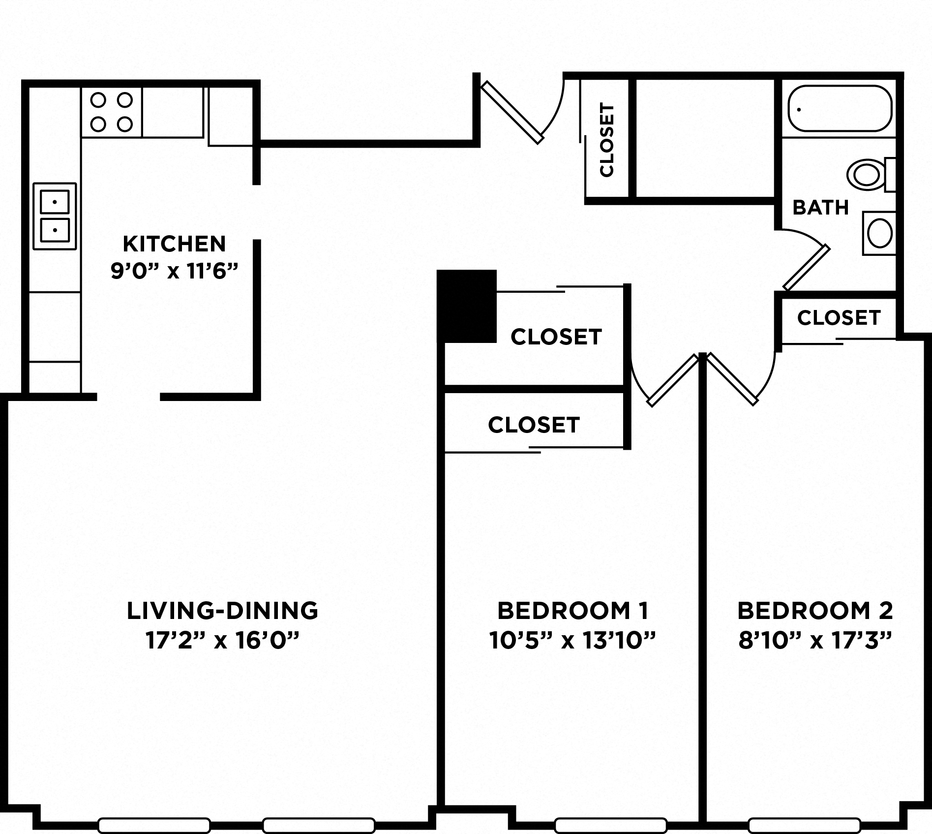Floor plan for 2 beds, 1 bath