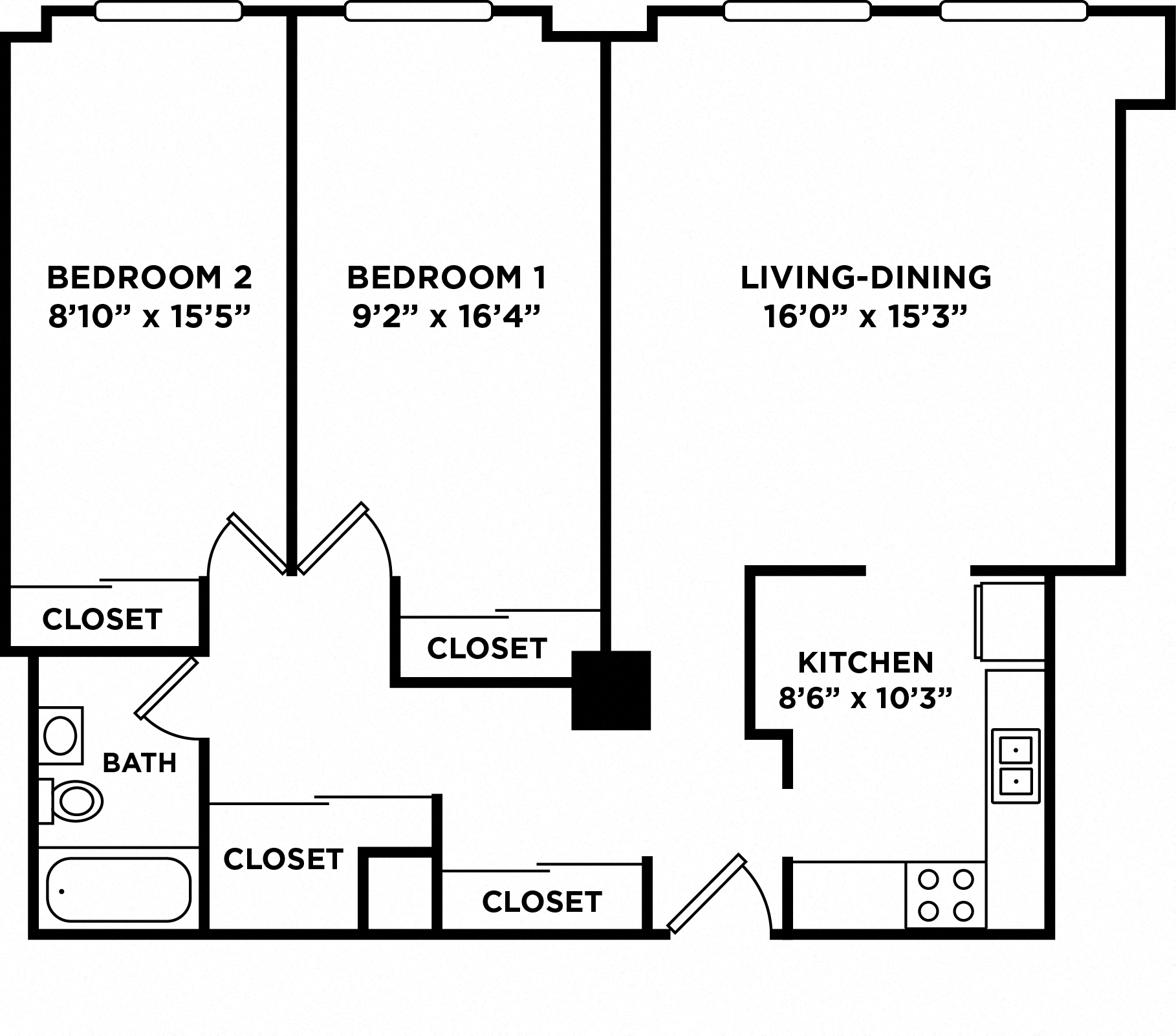 Floor plan for 2 beds, 1 bath