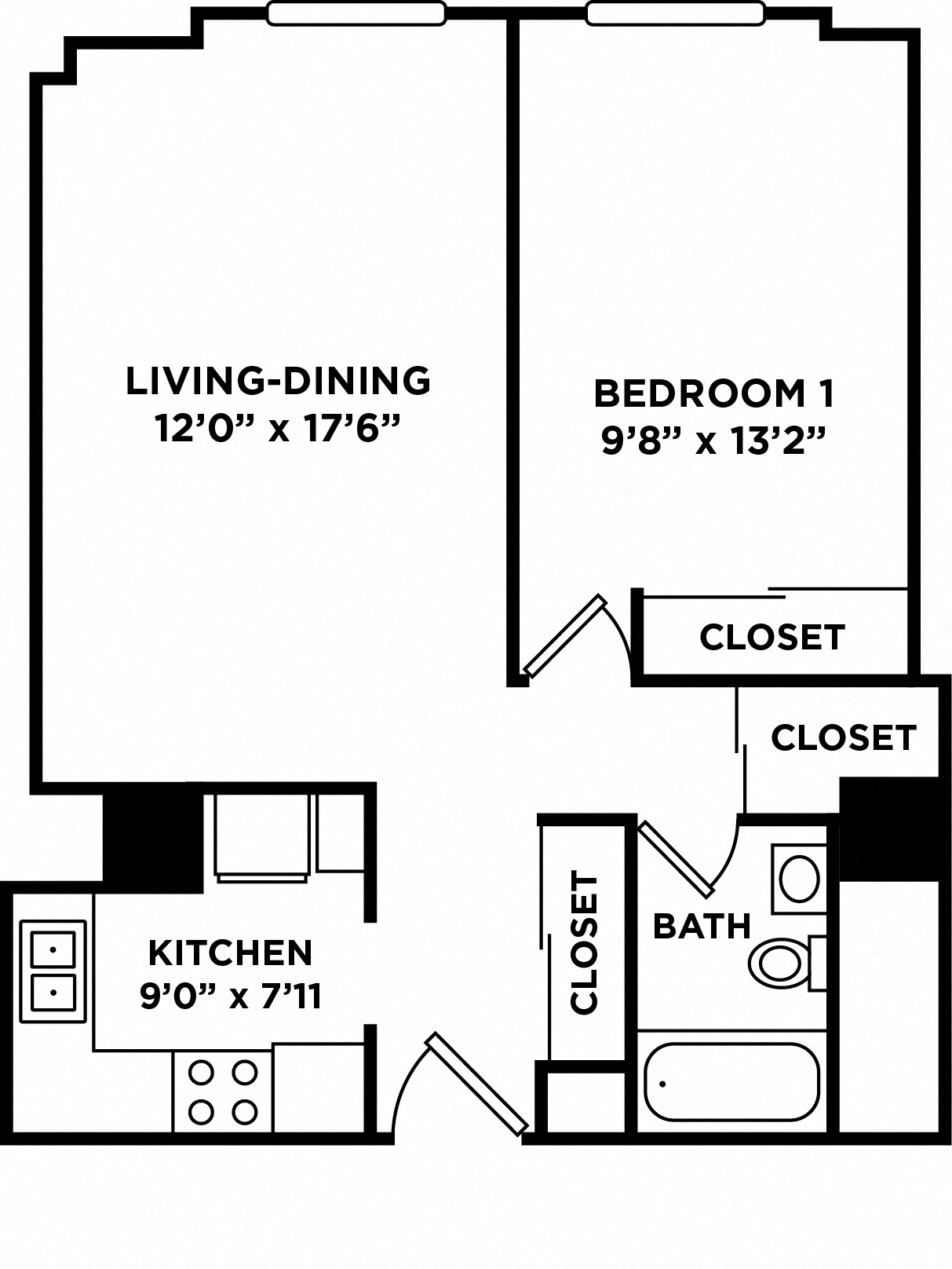 Floor plan for 1 bed, 1 bath