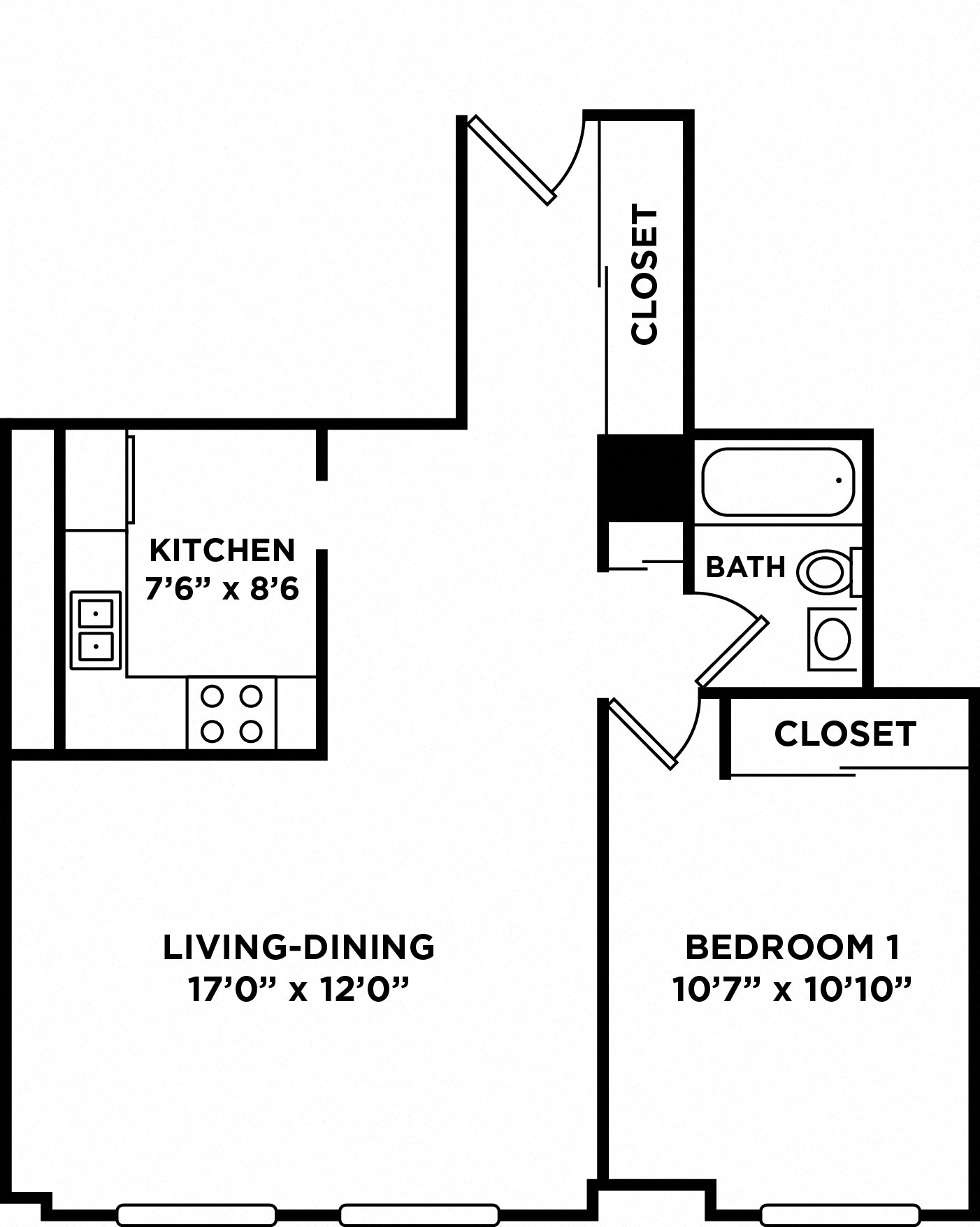 Floor plan for 1 bed, 1 bath