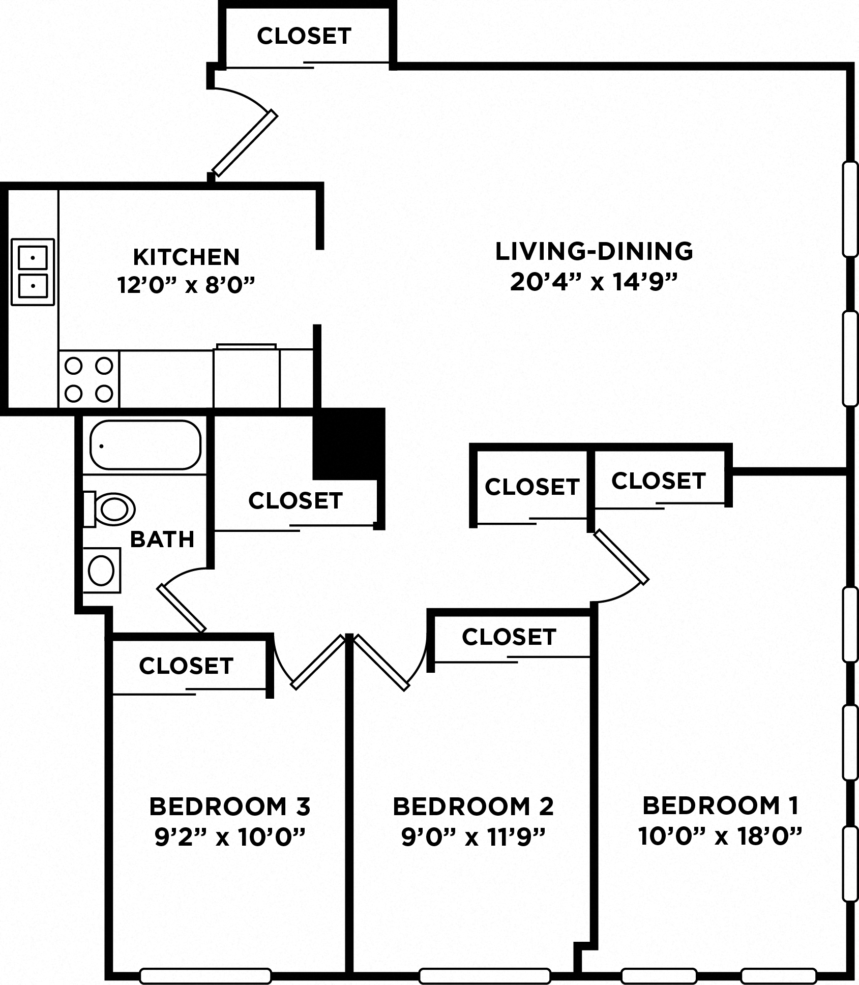 Floor plan for 3 beds, 1 bath
