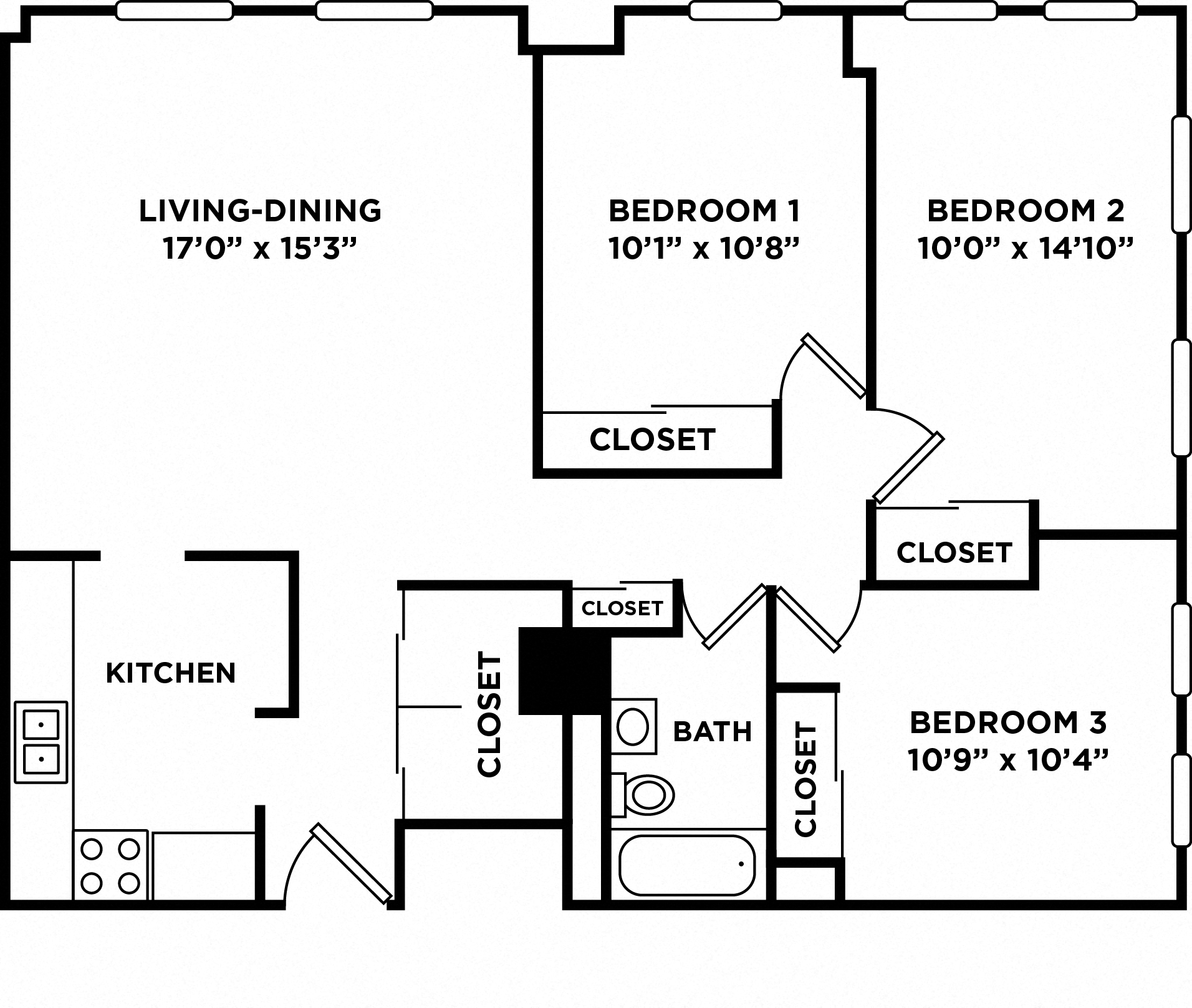 Floor plan for 3 beds, 1 bath