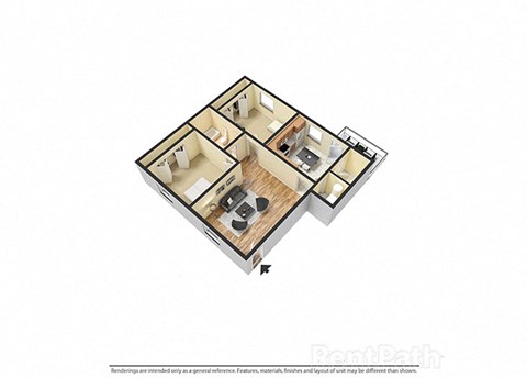 Floor plan for 2 beds, 1 bath, 850 sqft