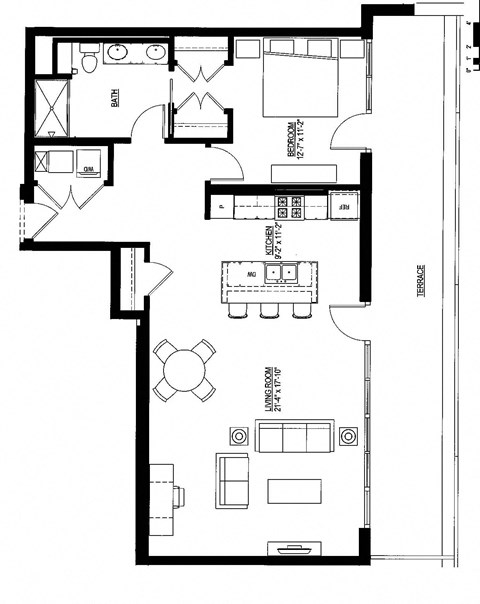 Floor plan for 1 bed, 1 bath, 1049 sqft