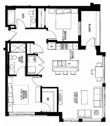 Floor plan for 2 beds, 2 baths, 1051 sqft