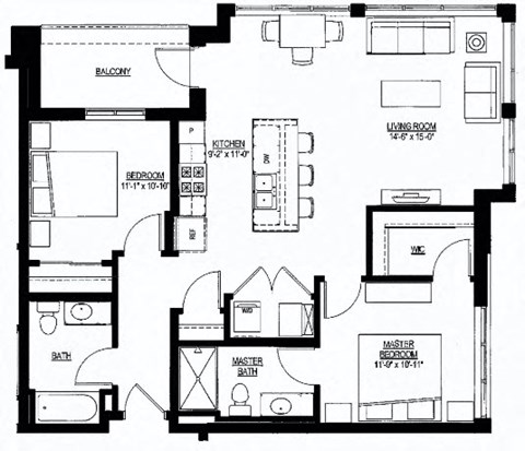 Floor plan for 2 beds, 2 baths, 1051 sqft