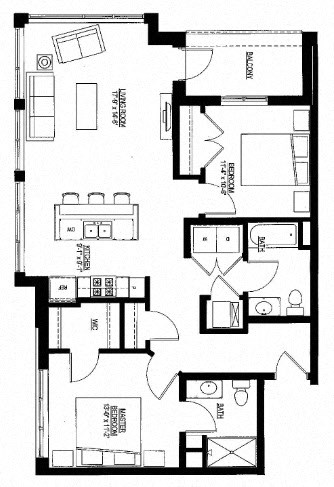 Floor plan for 2 beds, 2 baths, 1076 sqft