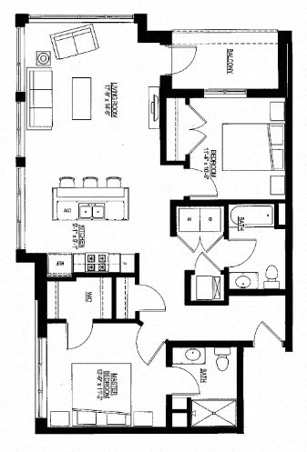 Floor plan for 2 beds, 2 baths, 1076 sqft