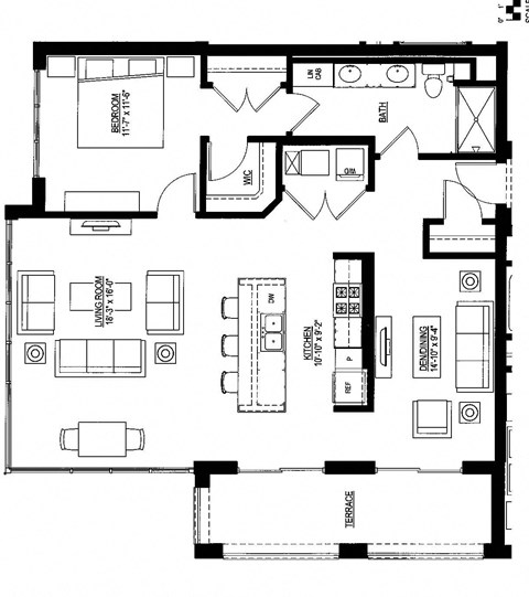 Floor plan for 1 bed, 1 bath, 1098 sqft