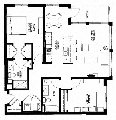 Floor plan for 2 beds, 2 baths, 1228 sqft