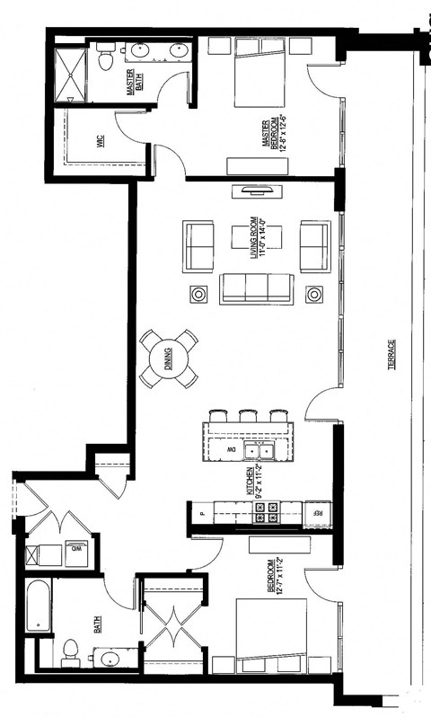 Floor plan for 2 beds, 2 baths, 1403 sqft