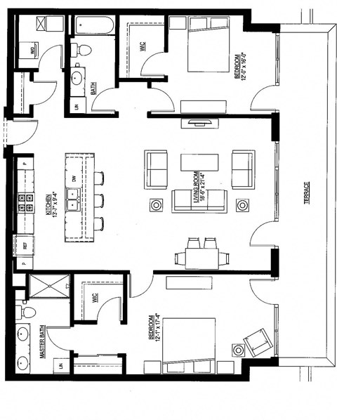 Floor plan for 2 beds, 2 baths, 1412 sqft