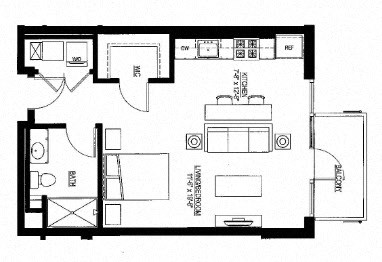 Floor plan for studio, 1 bath, 566 sqft