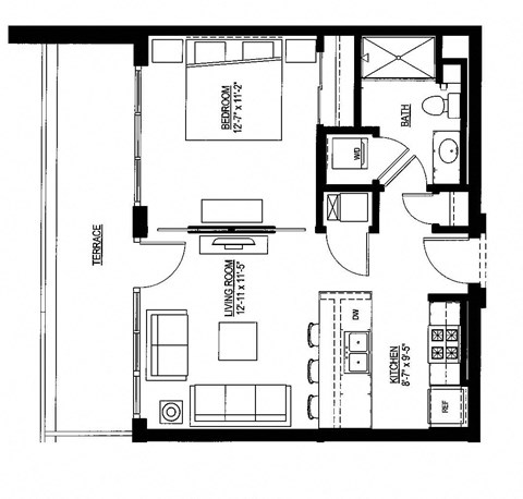 Floor plan for 1 bed, 1 bath, 603 sqft