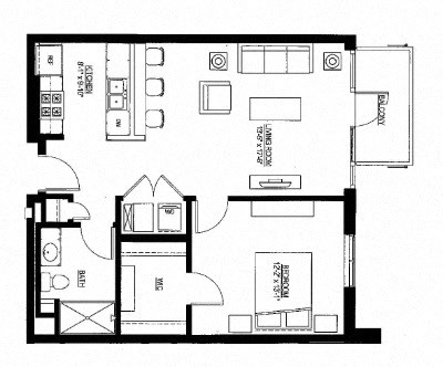 Floor plan for 1 bed, 1 bath, 759 sqft