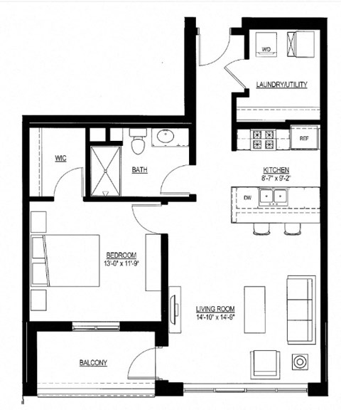 Floor plan for 1 bed, 1 bath, 770 sqft