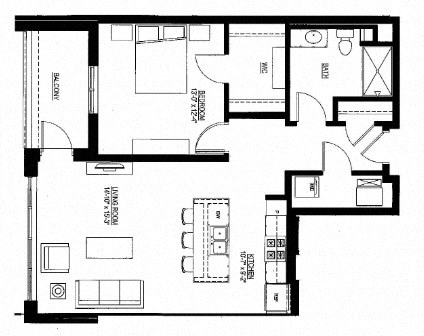 Floor plan for 1 bed, 1 bath, 850 sqft