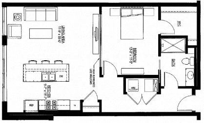Floor plan for 1 bed, 1 bath, 853 sqft
