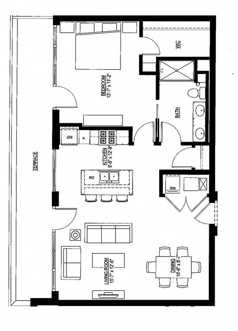 Floor plan for 1 bed, 1 bath, 901 sqft
