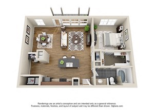 Floor plan for 1 bed, 1 bath, 864 sqft