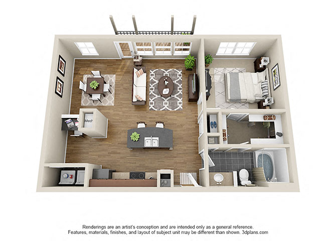 Floor plan for 1 bed, 1 bath, 868 sqft