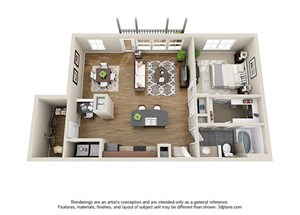 Floor plan for 1 bed, 1 bath, 931 sqft