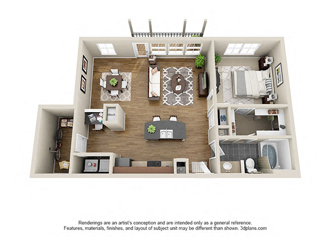 Floor plan for 1 bed, 1 bath, 931 sqft