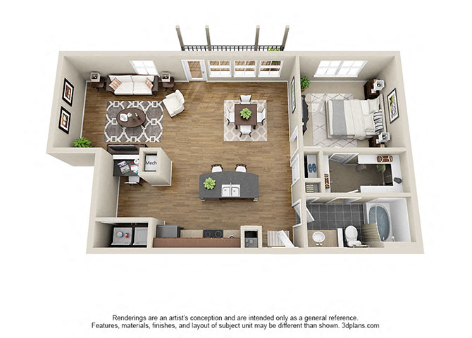 Floor plan for 1 bed, 1 bath, 938 sqft