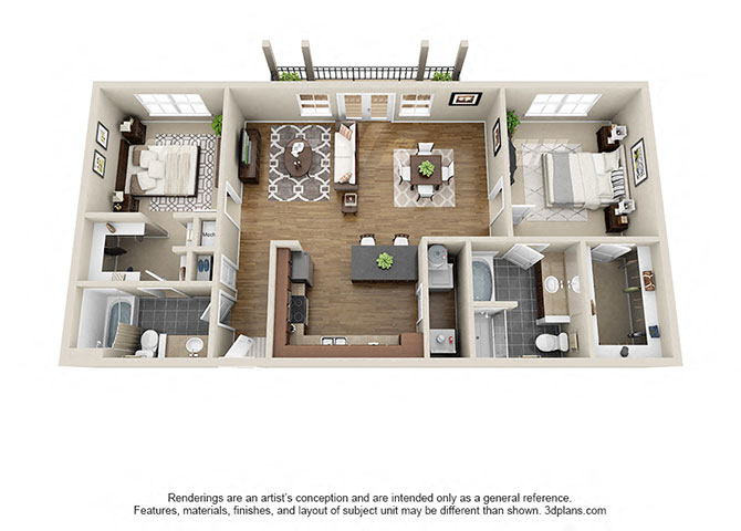 Floor plan for 2 beds, 2 baths, 1200 sqft
