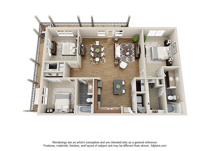 Floor plan for 3 beds, 2 baths, 1420 sqft