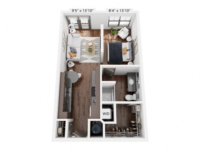 Floor plan for studio, 1 bath, 595 sqft