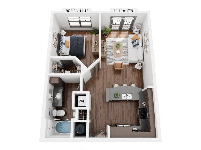 Floor plan for 1 bed, 1 bath, 720 sqft