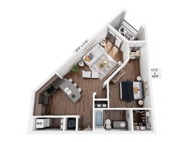Floor plan for 1 bed, 1 bath, 724 sqft