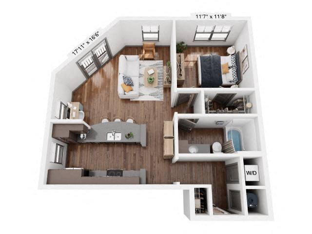 Floor plan for 1 bed, 1 bath, 790 sqft