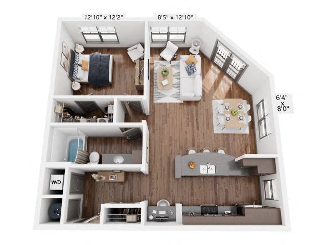 Floor plan for 1 bed, 1 bath, 906 sqft