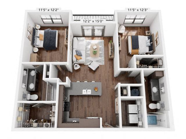 Floor plan for 2 beds, 2 baths, 1065 sqft